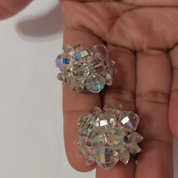 Vintage Germany AB Rhinestones Aurora Borealis Clip On Earrings - Picture 3 of 7